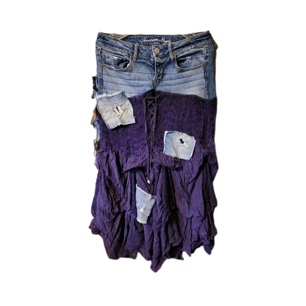 Upcycled Skirt Bohemian Patchwork Hippie Denim AE Sz 6 Grunge Punk Revival